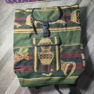 Unbranded OS Vintage Baja Woven Tapestry Backpack Boho Aztec‎ Green Maroon